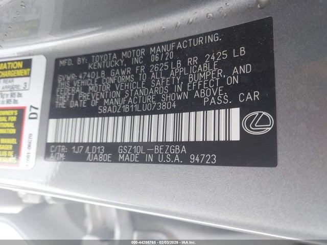 Aukcja sprzedaży 2020 Lexus Es 350, vin: 58ADZ1B11LU073804, numer aukcji: 44286765