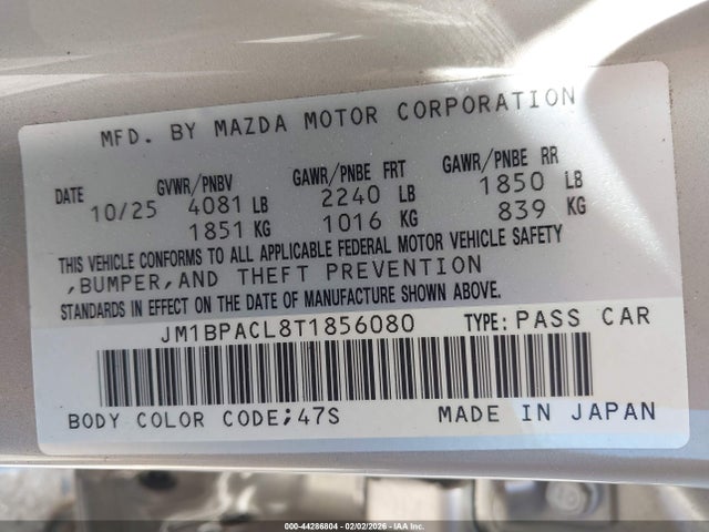 Aukcja sprzedaży 2026 Mazda Mazda3 2.5 S Preferred, vin: JM1BPACL8T1856080, numer aukcji: 44286804