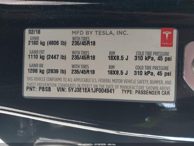 Aukcja sprzedaży 2018 Tesla Model 3 Long Range/mid Range, vin: 5YJ3E1EA1JF004941, numer aukcji: 44286824