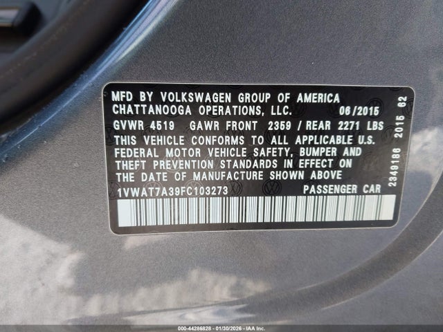 44286828 :رقم المزاد ، 1VWAT7A39FC103273 vin ، 2015 Volkswagen Passat 1.8t Limited Edition مزاد بيع