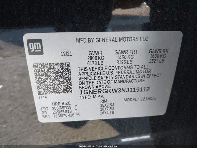 1GNERGKW3NJ119112 Chevrolet Traverse Fwd Lt Cloth