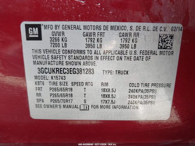 Auction sale of the 2014 Chevrolet Silverado 1500 1lt, vin: 3GCUKREC3EG381283, lot number: 44286846