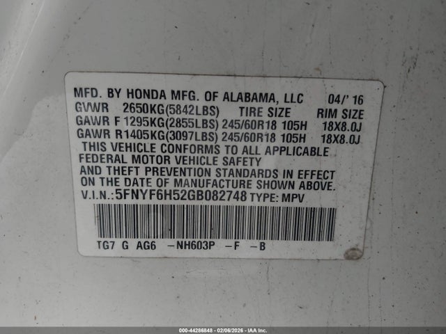 5FNYF6H52GB082748 Honda Pilot Ex-l