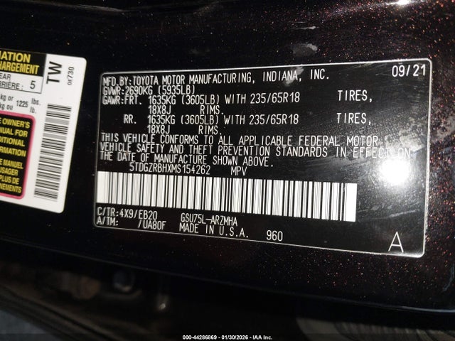 5TDGZRBHXMS154262 Toyota Highlander Xle