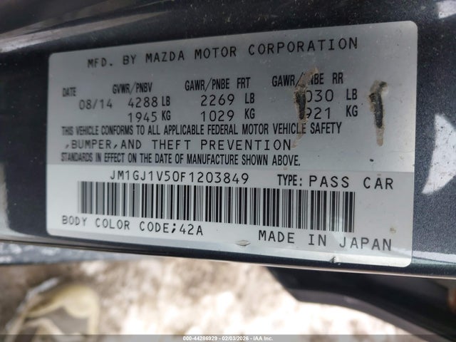 44286929 :رقم المزاد ، JM1GJ1V50F1203849 vin ، 2015 Mazda Mazda6 I Touring مزاد بيع