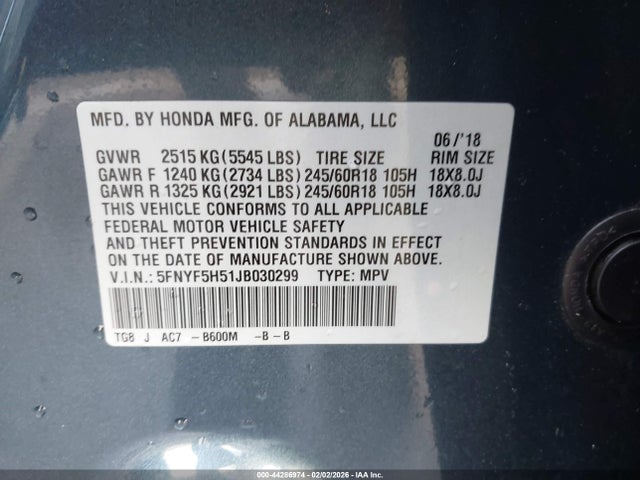 5FNYF5H51JB030299 Honda Pilot Ex-l