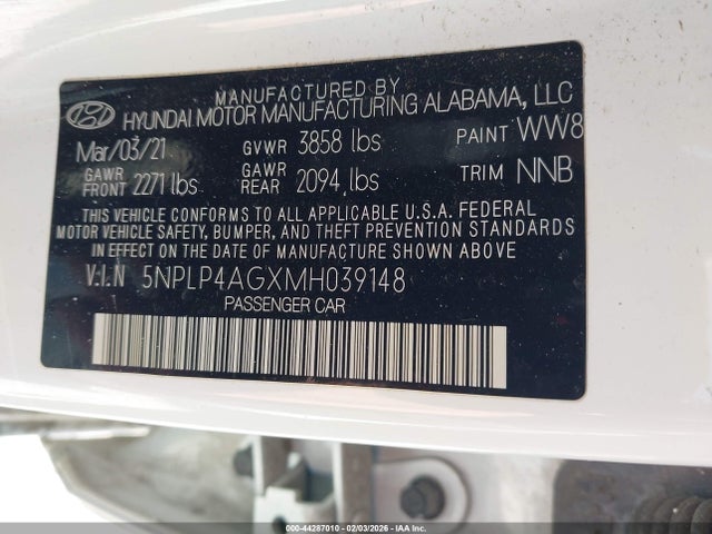 2021 Hyundai Elantra Limited მანქანა იყიდება აუქციონზე, vin: 5NPLP4AGXMH039148, აუქციონის ნომერი: 44287010
