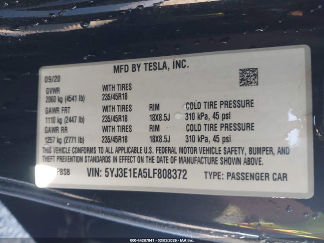 2020 Tesla Model 3 Standard Range Plus Rear-wheel Drive/standard Range Rear-wheel Drive მანქანა იყიდება აუქციონზე, vin: 5YJ3E1EA5LF808372, აუქციონის ნომერი: 44287041