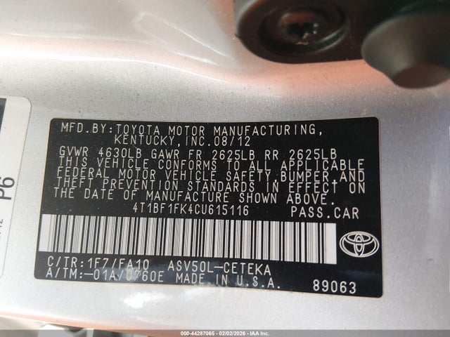 44287065 :رقم المزاد ، 4T1BF1FK4CU615116 vin ، 2012 Toyota Camry L مزاد بيع