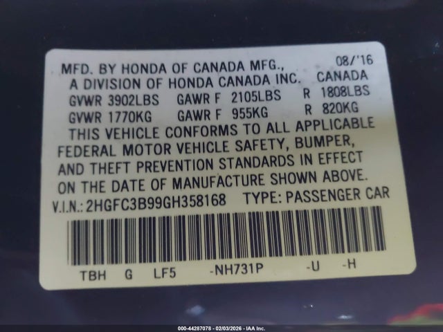 Honda Civic Touring 2016 2HGFC3B99GH358168 Image 9