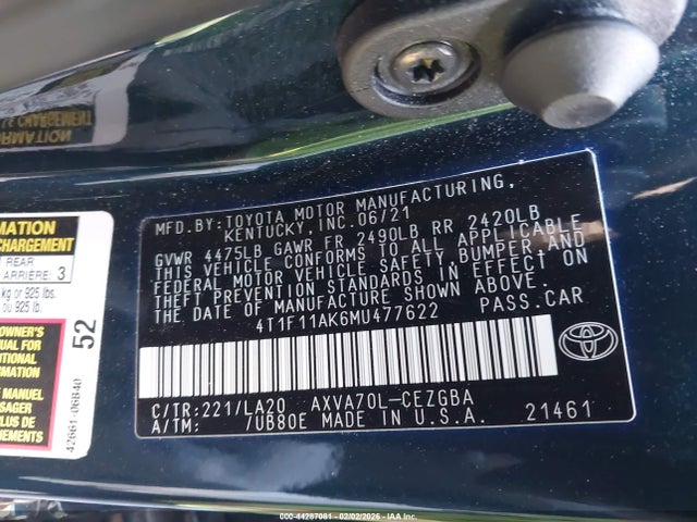 4T1F11AK6MU477622 Toyota CAMRY XLE