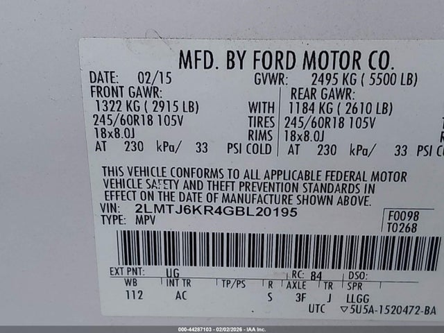 2LMTJ6KR4GBL20195 Lincoln Mkx Select