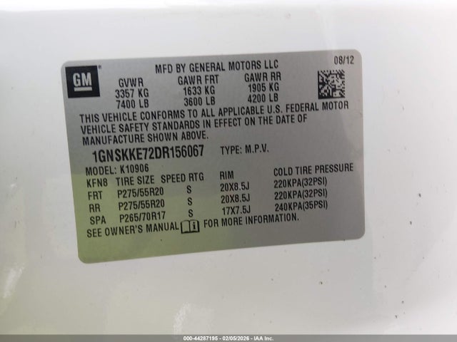 Aukcja sprzedaży 2013 Chevrolet Suburban 1500 Ltz, vin: 1GNSKKE72DR156067, numer aukcji: 44287195