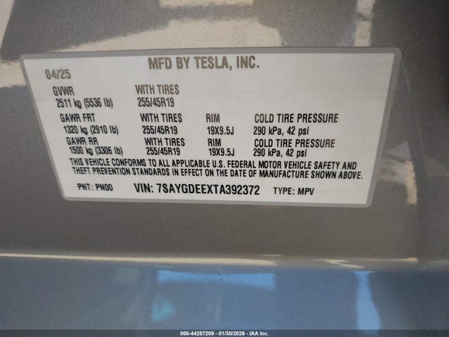 Aukcja sprzedaży 2026 Tesla Model Y, vin: 7SAYGDEEXTA392372, numer aukcji: 44287209