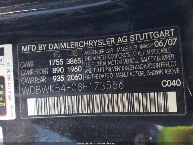 Aukcja sprzedaży 2008 Mercedes-benz Slk 280, vin: WDBWK54F08F173556, numer aukcji: 44287248