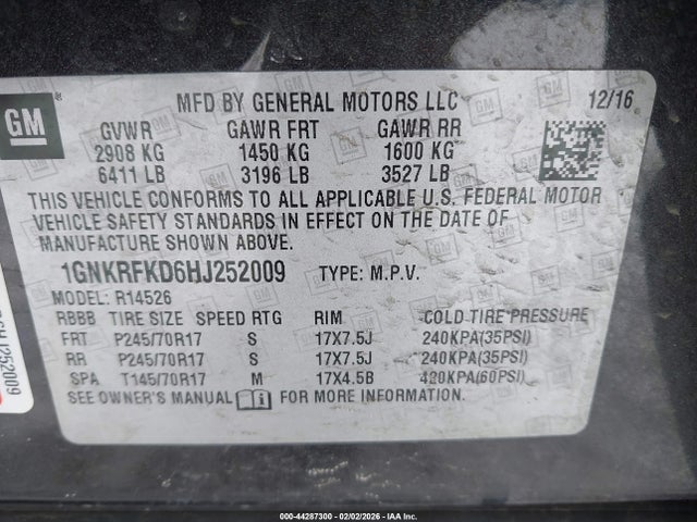44287300 :رقم المزاد ، 1GNKRFKD6HJ252009 vin ، 2017 Chevrolet Traverse Ls مزاد بيع