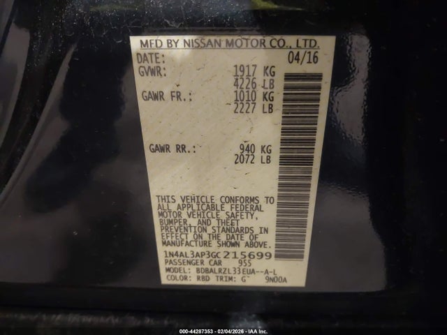 1N4AL3AP3GC215699 Nissan Altima 2.5 Sl