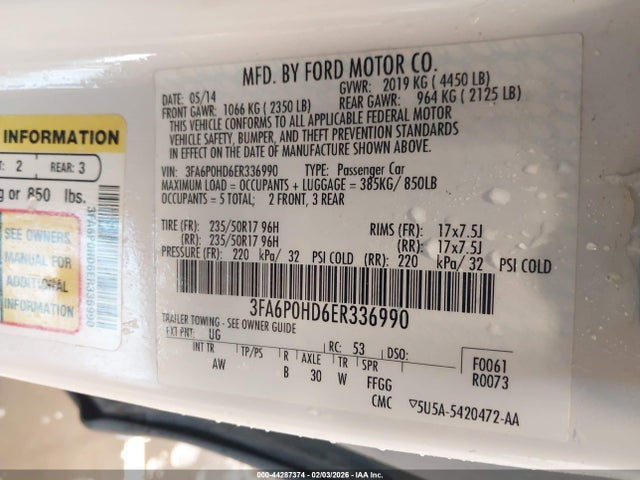 Aukcja sprzedaży 2014 Ford Fusion Se, vin: 3FA6P0HD6ER336990, numer aukcji: 44287374