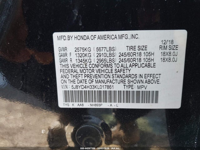 Продаж на аукціоні авто 2019 Acura Mdx Standard, vin: 5J8YD4H33KL017861, номер лоту: 44287396