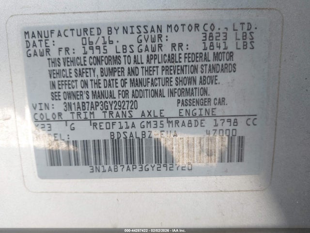 3N1AB7AP3GY292720 Nissan SENTRA S