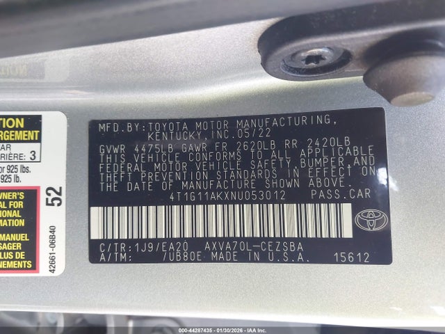 Toyota CAMRY SE 2022 4T1G11AKXNU053012 Image 9