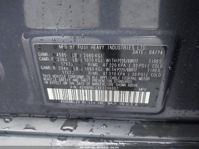 44287438 :رقم المزاد ، 4S4BRBLC6E3306007 vin ، 2014 Subaru Outback 2.5i Limited مزاد بيع