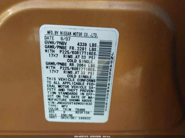 Продажа на аукционе авто 2008 Nissan Rogue Sl, vin: JN8AS58T48W001630, номер лота: 44287475