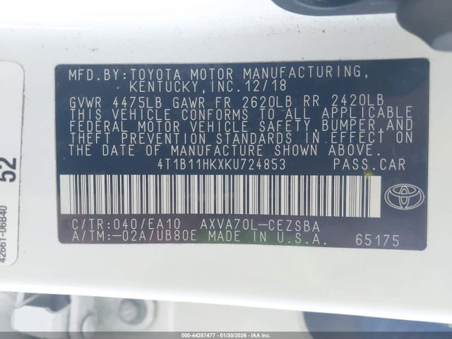 4T1B11HKXKU724853 Toyota CAMRY SE