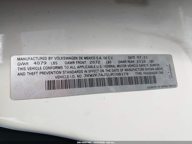 Продаж на аукціоні авто 2012 Volkswagen Jetta 2.0l S, vin: 3VW2K7AJ1CM308179, номер лоту: 44287492