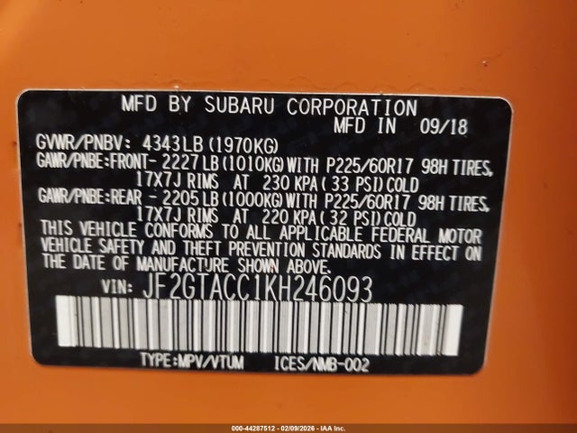 44287512 :رقم المزاد ، JF2GTACC1KH246093 vin ، 2019 Subaru Crosstrek 2.0i Premium مزاد بيع