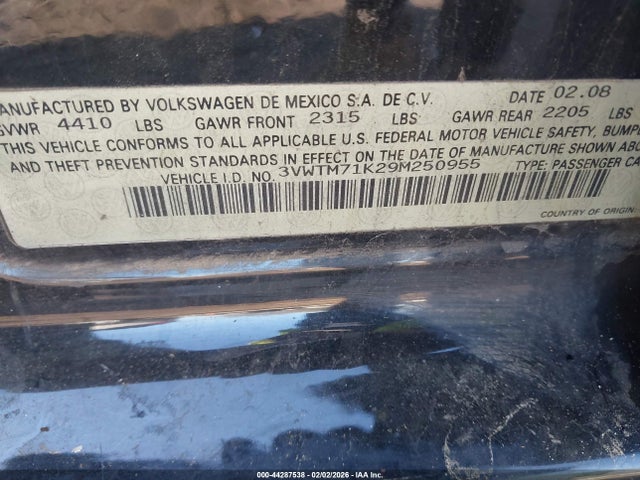 2009 Volkswagen Jetta 2.5l Se მანქანა იყიდება აუქციონზე, vin: 3VWTM71K29M250955, აუქციონის ნომერი: 44287538