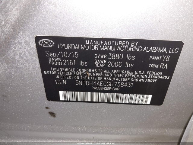 5NPDH4AE0GH758431 Hyundai ELANTRA SE