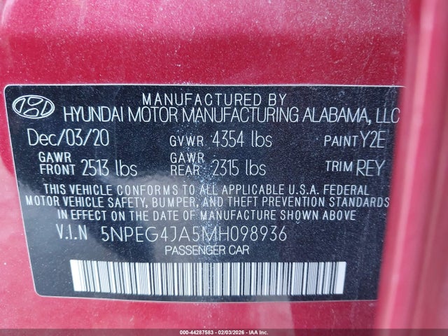 44287583 :رقم المزاد ، 5NPEG4JA5MH098936 vin ، 2021 Hyundai Sonata Se مزاد بيع