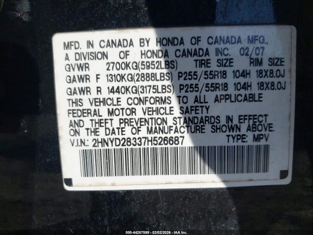 Aukcja sprzedaży 2007 Acura Mdx Technology Package, vin: 2HNYD28337H526687, numer aukcji: 44287599
