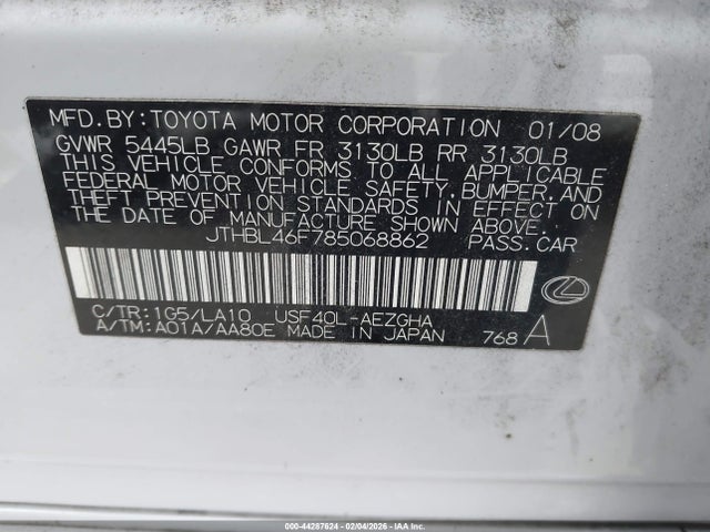 44287624 :رقم المزاد ، JTHBL46F785068862 vin ، 2008 Lexus Ls 460 مزاد بيع
