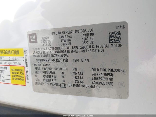 Aukcja sprzedaży 2016 Gmc Acadia Sle-1, vin: 1GKKRNED2GJ329718, numer aukcji: 44287626