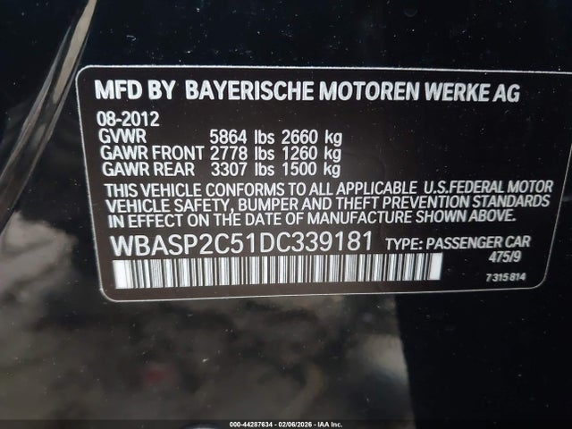 44287634 :رقم المزاد ، WBASP2C51DC339181 vin ، 2013 Bmw 535i Gran Turismo Xdrive مزاد بيع