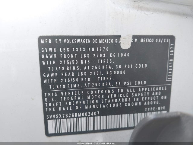 44287649 :رقم المزاد ، 3VVSX7B26RM002407 vin ، 2024 Volkswagen Taos 1.5t Se مزاد بيع