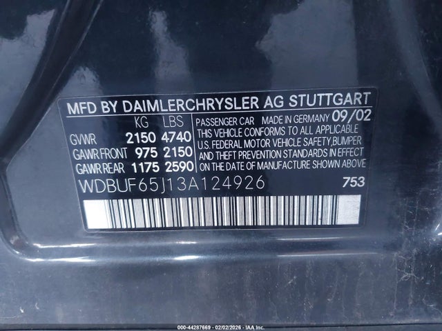 44287669 :رقم المزاد ، WDBUF65J13A124926 vin ، 2003 Mercedes-benz E 320 مزاد بيع