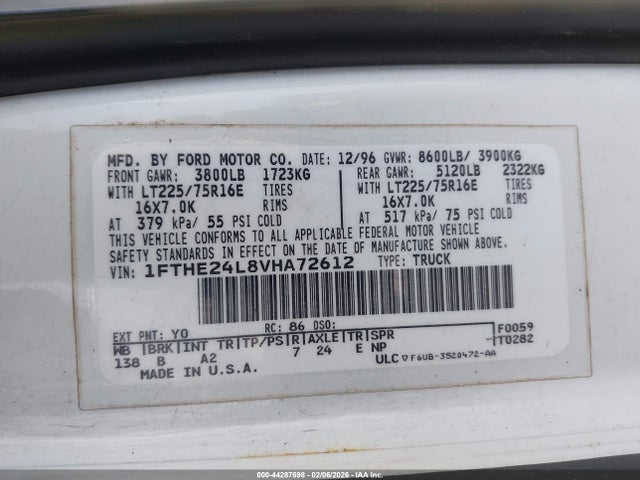 1997 Ford E-250 Standard მანქანა იყიდება აუქციონზე, vin: 1FTHE24L8VHA72612, აუქციონის ნომერი: 44287698