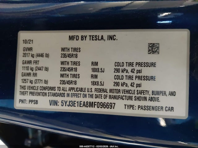 Tesla Model 3 Standard Range Plus Rear-wheel Drive 2021 5YJ3E1EA8MF096697 Image 9