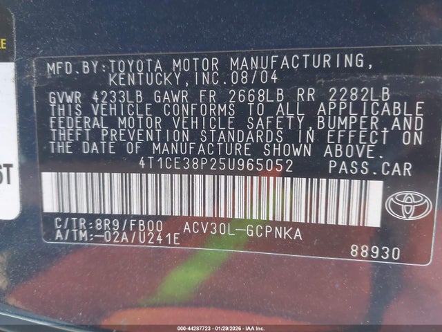 2005 Toyota Camry Solara Se მანქანა იყიდება აუქციონზე, vin: 4T1CE38P25U965052, აუქციონის ნომერი: 44287723