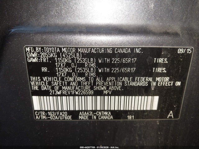 2T3WFREV1FW226599 Toyota Rav4 Xle