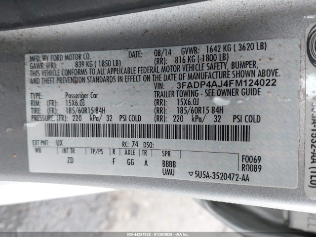 2015 Ford Fiesta S მანქანა იყიდება აუქციონზე, vin: 3FADP4AJ4FM124022, აუქციონის ნომერი: 44287925
