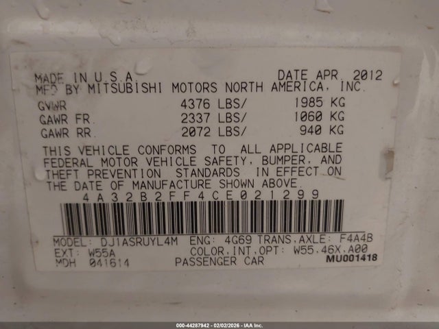 2012 Mitsubishi Galant Fe მანქანა იყიდება აუქციონზე, vin: 4A32B2FF4CE021299, აუქციონის ნომერი: 44287942