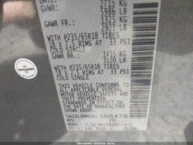 44287954 :رقم المزاد ، 5N1DL0MN0KC508478 vin ، 2019 Infiniti Qx60 Luxe مزاد بيع