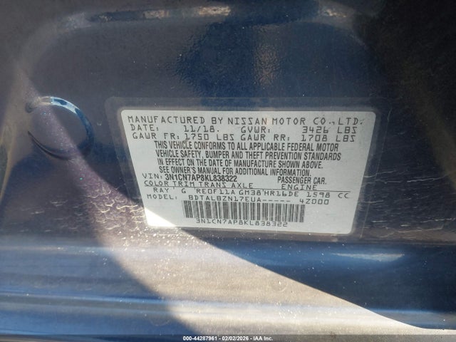 3N1CN7AP8KL838322 Nissan Versa 1.6 Sv