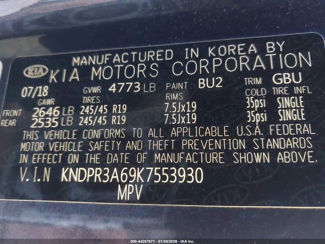 2019 Kia Sportage Sx Turbo მანქანა იყიდება აუქციონზე, vin: KNDPR3A69K7553930, აუქციონის ნომერი: 44287971