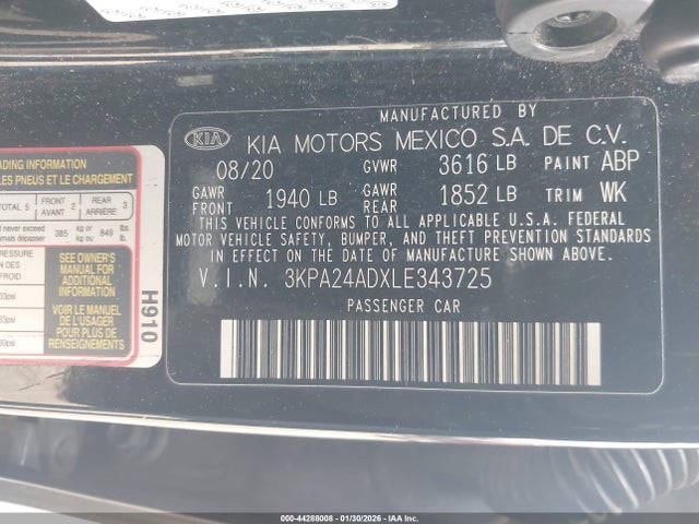 Продажа на аукционе авто 2020 Kia Rio S, vin: 3KPA24ADXLE343725, номер лота: 44288008