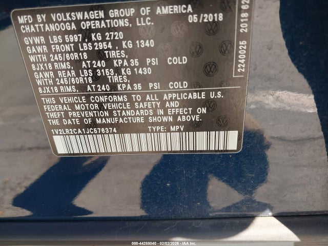 1V2LR2CA1JC576374 Volkswagen Atlas 3.6l V6 Se/3.6l V6 Se W/technology
